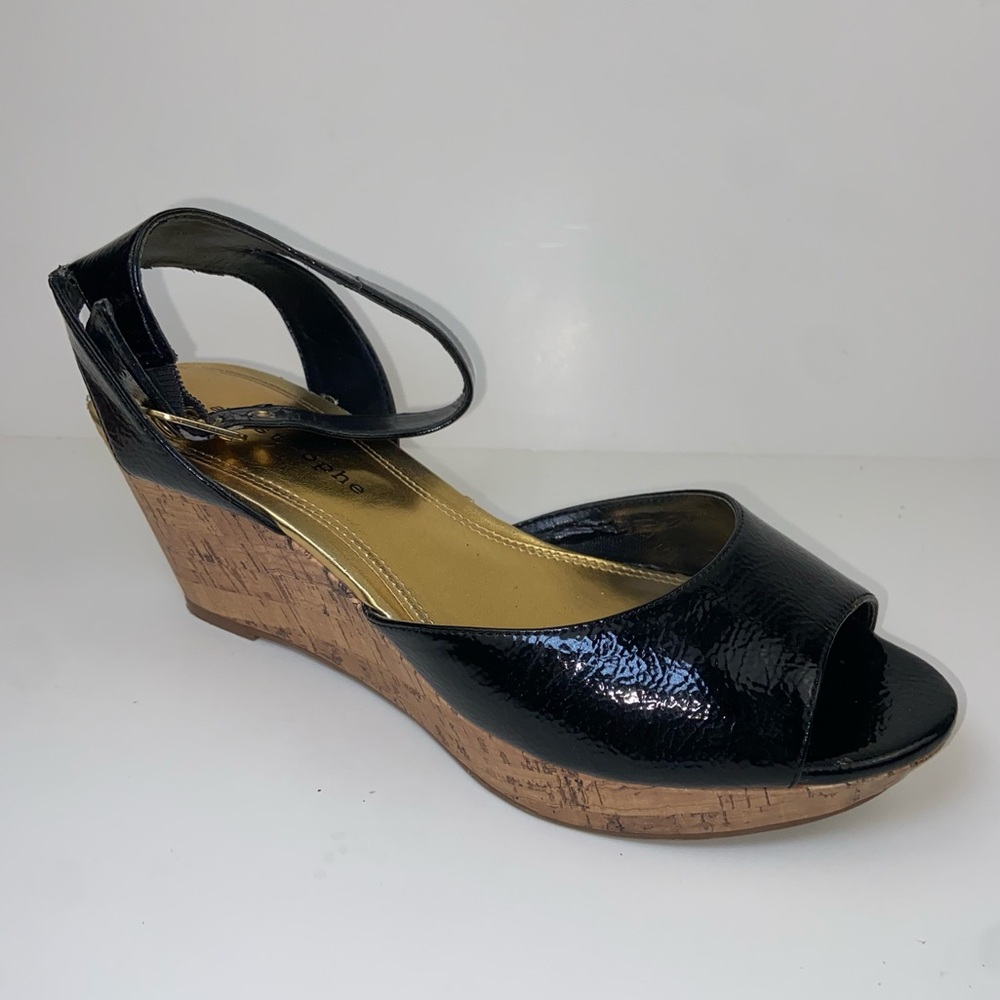 Black Sandals Cork Platform Wedge Heel 3 inches Ankle Strap Gold accent Size 8
